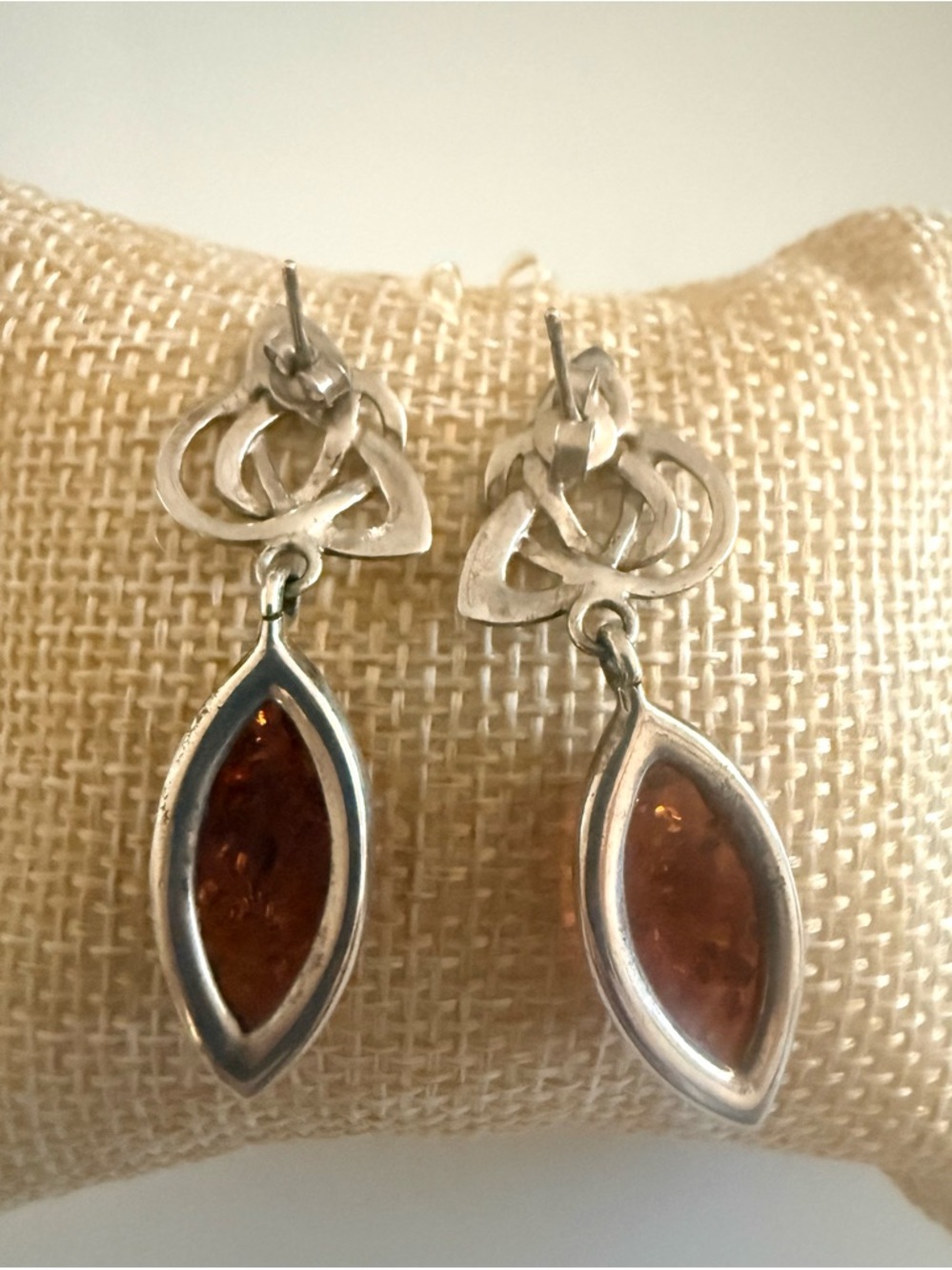 Sterling Silver Celtic Drop Earrings with Amber Marquise Stones - Picture 2 of 3